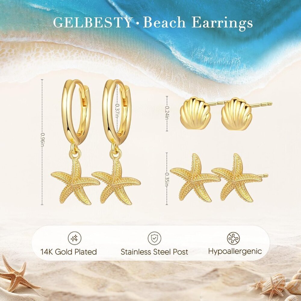 3 Pairs Gold Dangle Earrings Set for Women Seashell Starfish Cross Stud Hoop Jew - Picture 4 of 8